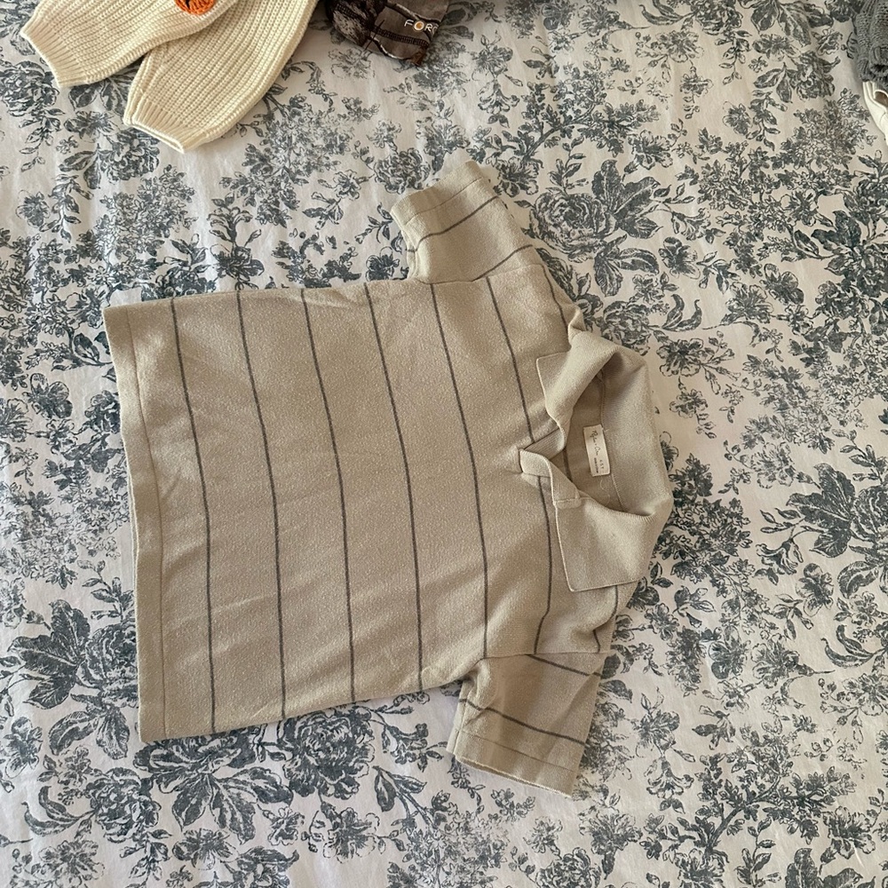 Beige Striped Short Sleeve Polo Shirt